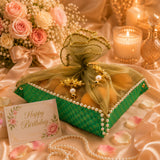 Green patterned brocade 2ct gift box with sheer gold organza bow and pearls for traditional Indian mithai and jewelry