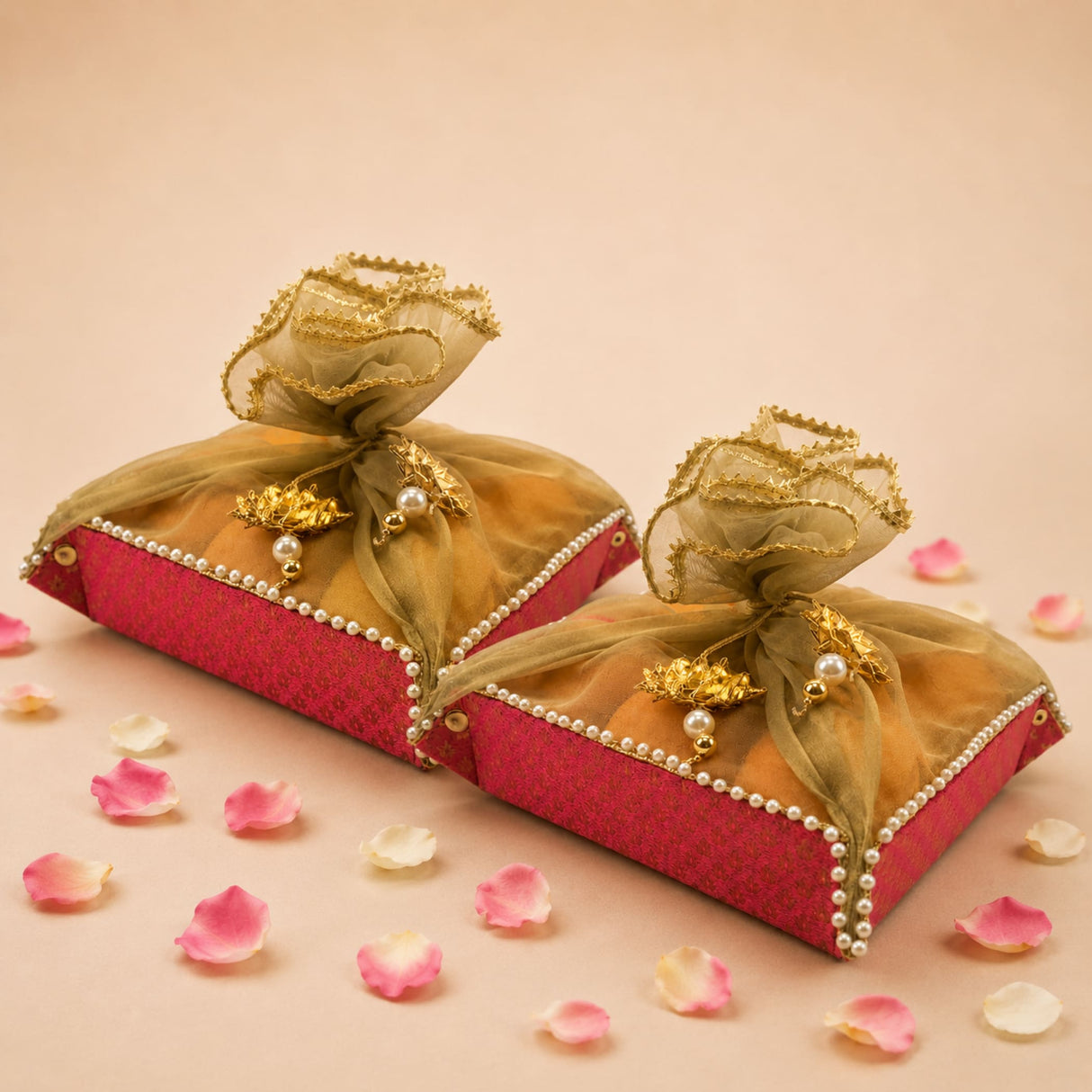 Red velvet 2ct gift basket Indian mithai box with gold organza bows and pearl trim for shagun return gifts