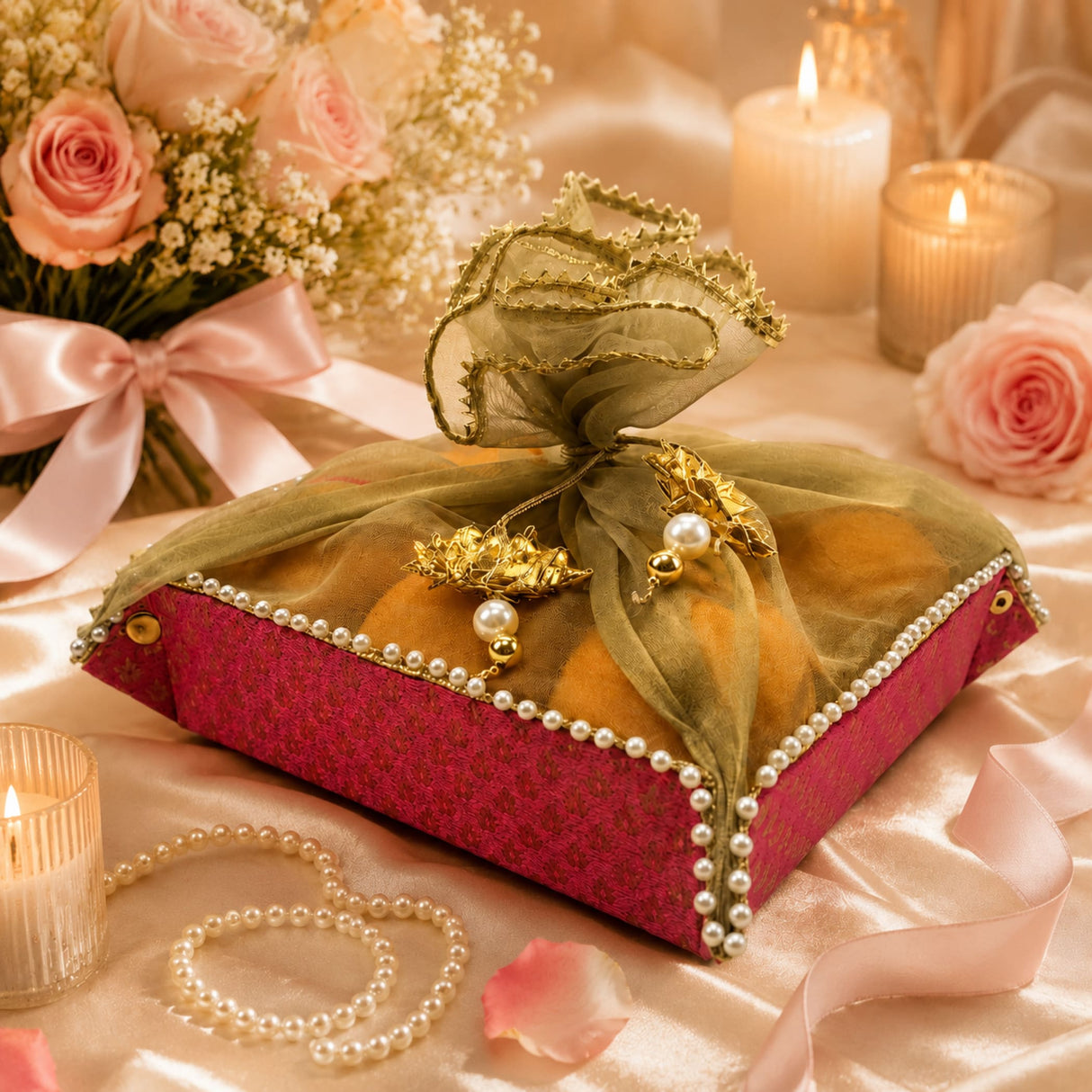 A luxurious maroon brocade 2ct gift basket indian mithai box with olive green organza bow and gold leaf accents