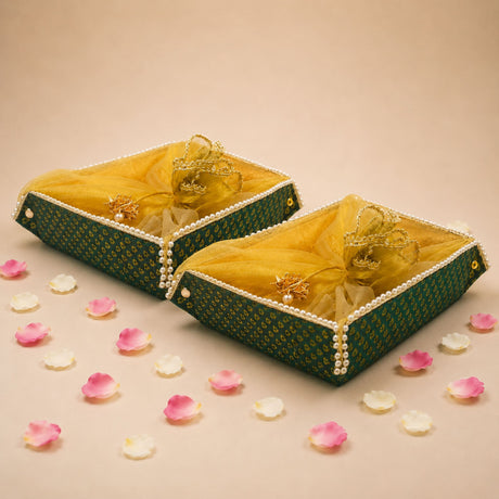 Elegant green and gold brocade 2ct gift basket indian mithai box with pearl trim and metallic flower decor for shagun gifts