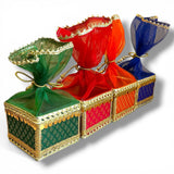 Brocade potli gift boxes set of three in green red and blue with gold trim organza tops for traditional indian wedding favors