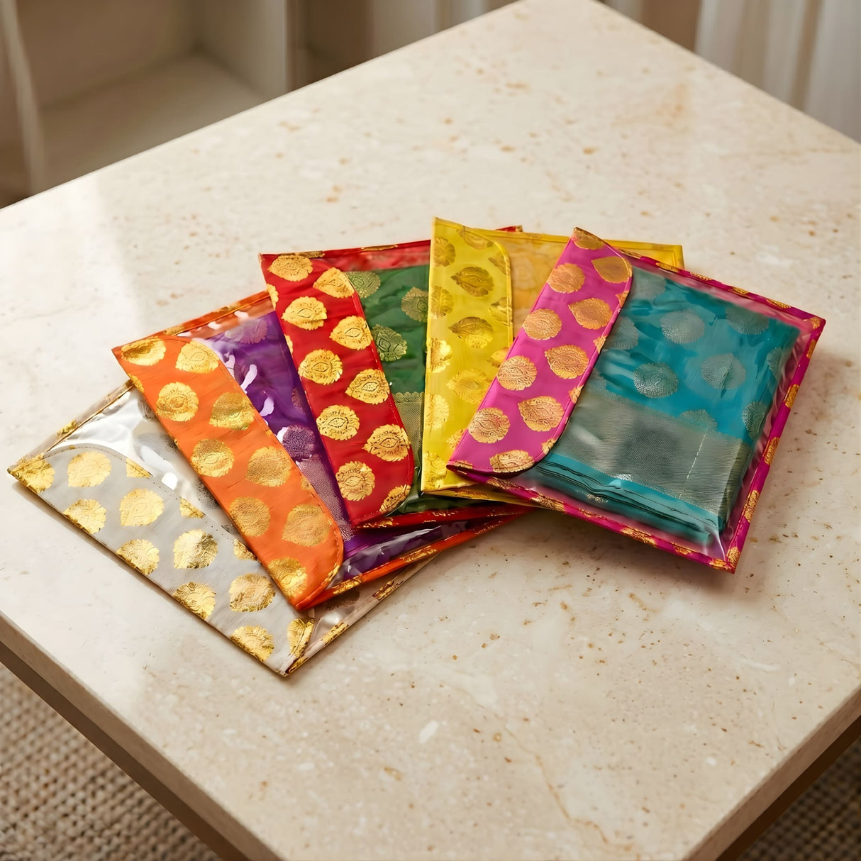 Vibrant gold-embossed paisley brocade sari bags in assorted colors with zipper closure for storage and gifting