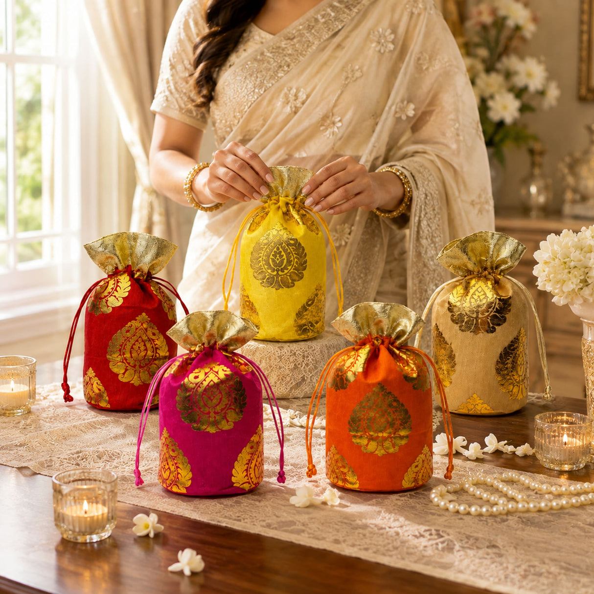 Traditional indian brocade print silk potli bags in red yellow pink orange and beige with gold paisley embroidery for festive use