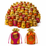 Vibrant traditional indian brocade print silk potli bags in saffron and magenta with gold pattern for festive occasions
