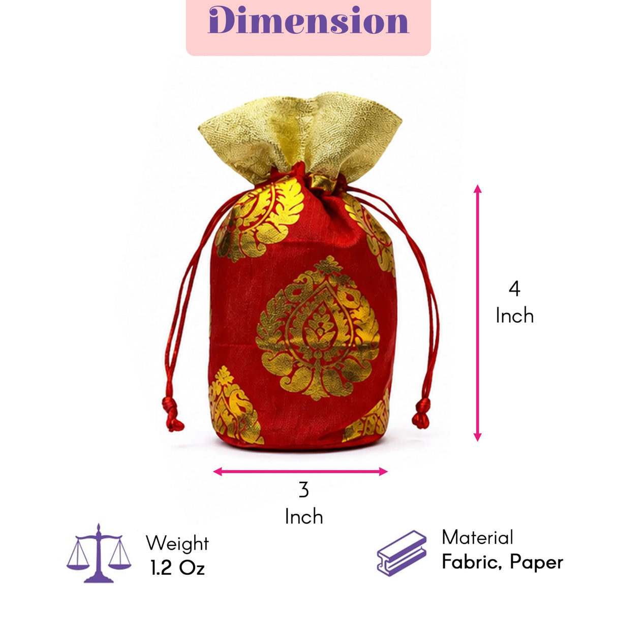 Red and gold embroidered traditional Indian brocade silk potli bag with drawstring for pooja and festive occasions