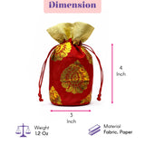 Red and gold embroidered traditional Indian brocade silk potli bag with drawstring for pooja and festive occasions