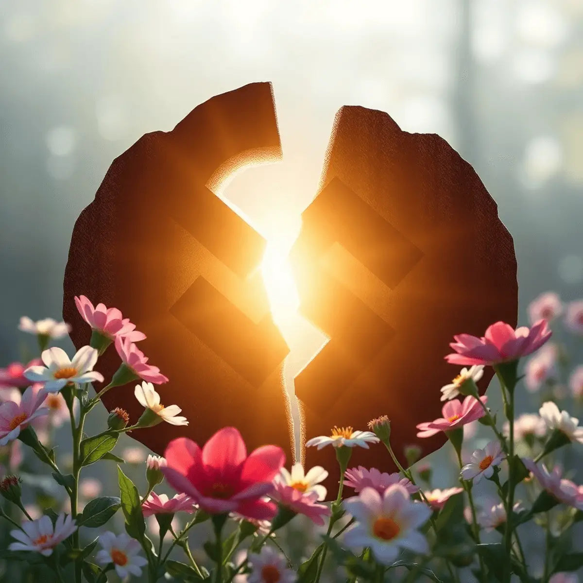 A broken swastika symbol surrounded by soft light and vibrant flowers, set against a serene background, embodying hope and transformation.