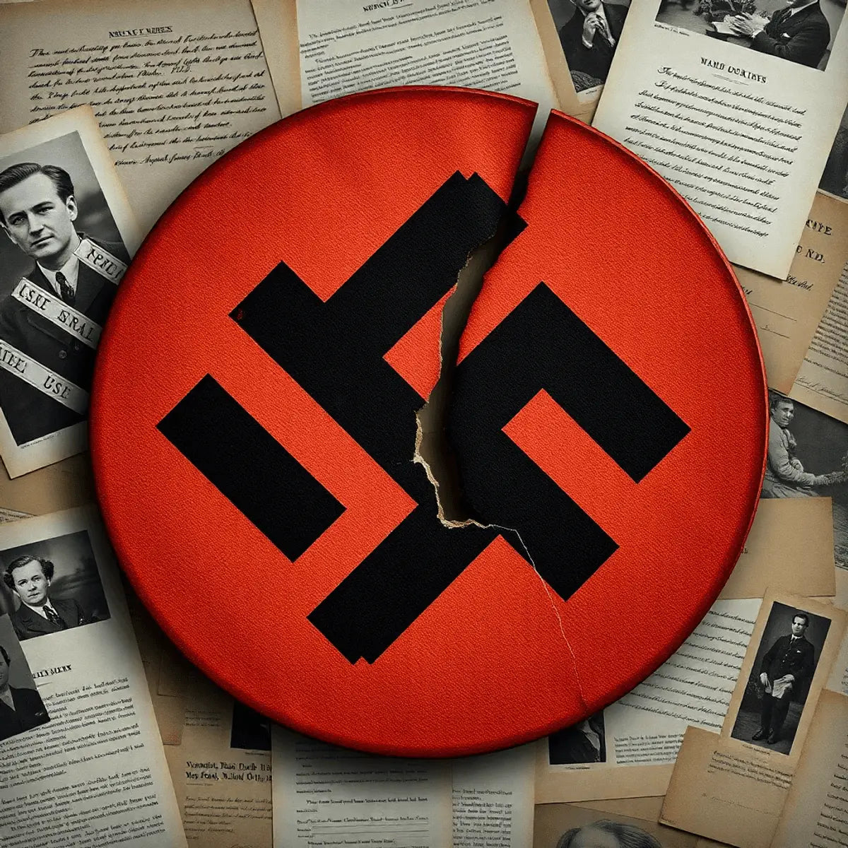 A broken swastika symbol lies on a backdrop of faded 1930s historical documents and photographs, conveying a somber reflection on its distorted meaning.