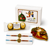 Designer rakhi gift hamper featuring golden and red ornate handmade raksha bandhan bracelets with intricate designs
