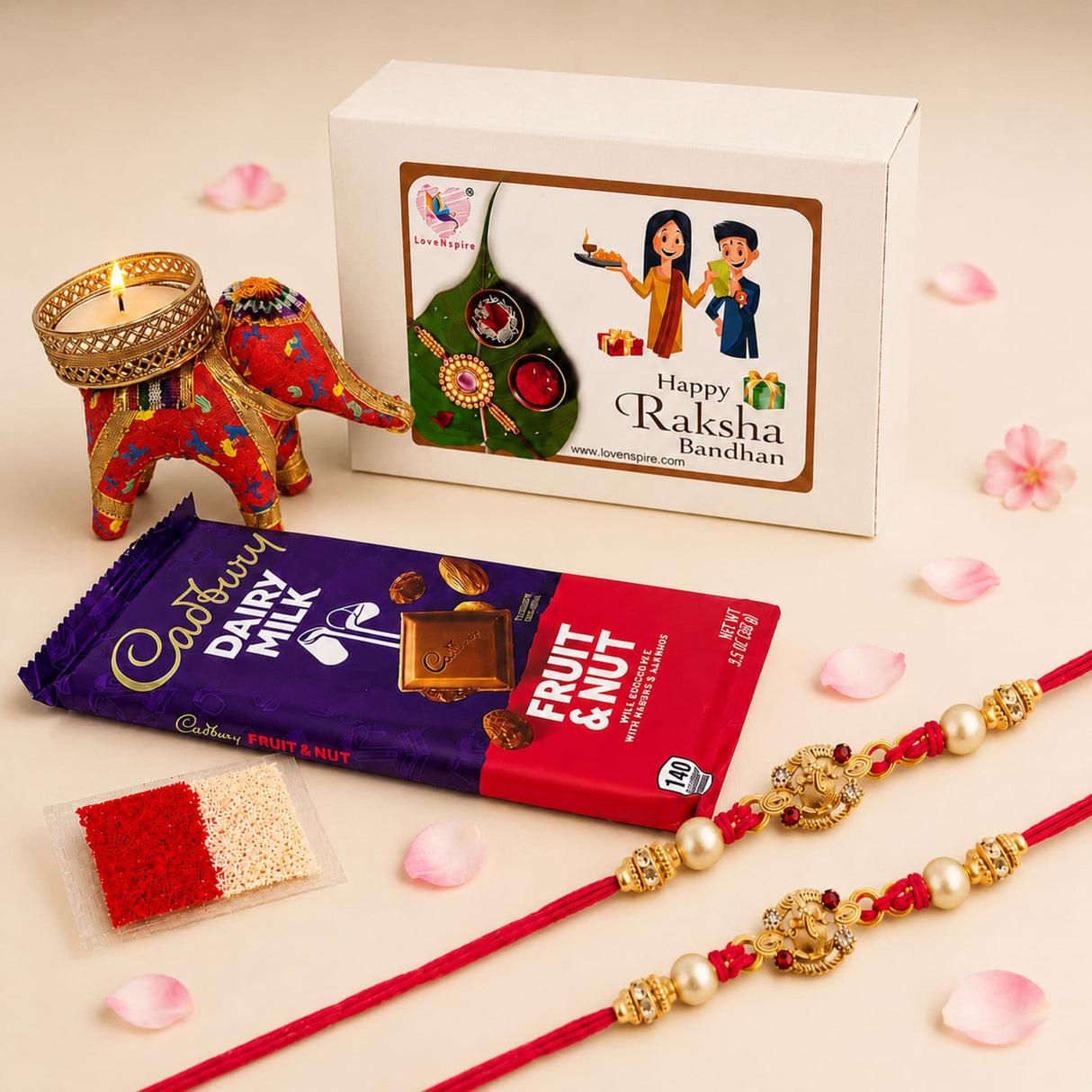 Red and gold handmade raksha bandhan bracelets with pearl-like beads from ganesha rakhi gift hamper set for brother and bhabhi