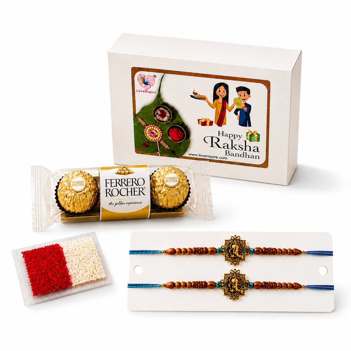 Two ornate golden handmade rakhi bracelets with brown beads and blue threads in a designer Rakhi gift hamper