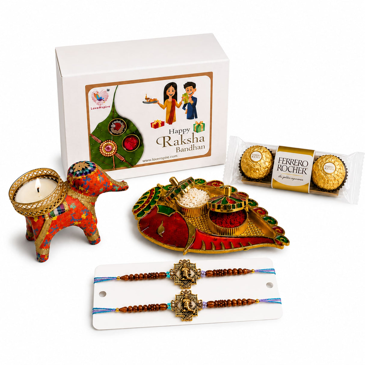 Colorful elephant-shaped candle holder with intricate gold detailing from designer rakhi gift hamper for brother and bhabhi