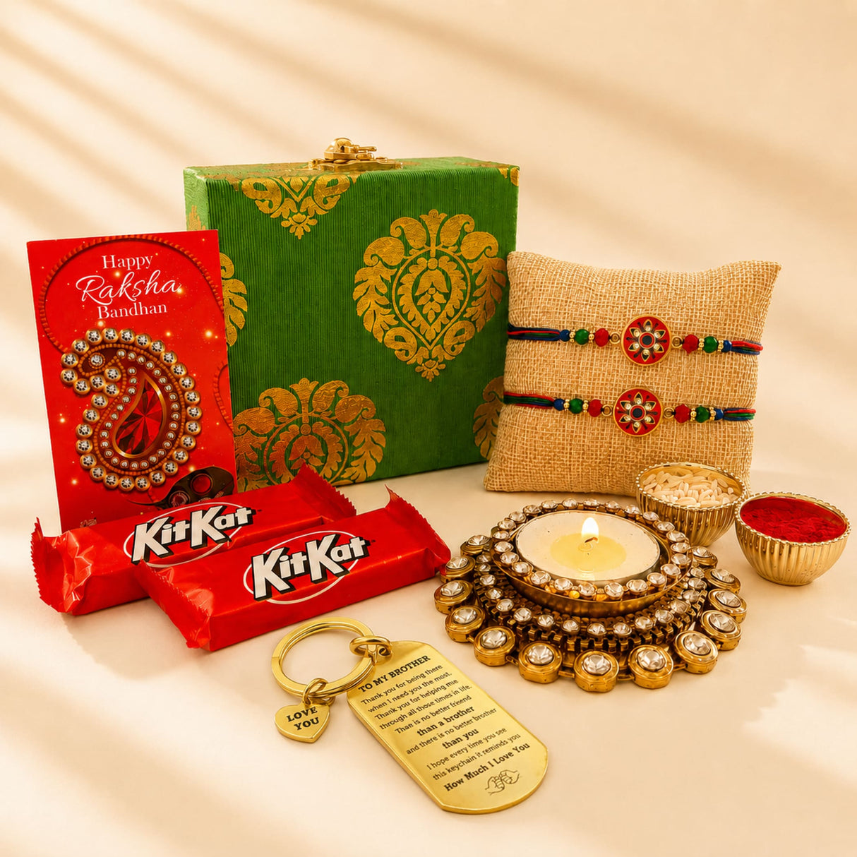 Gold-colored keychain with engraved message and heart-shaped charm in designer rakhi gift hamper for brother and bhabhi