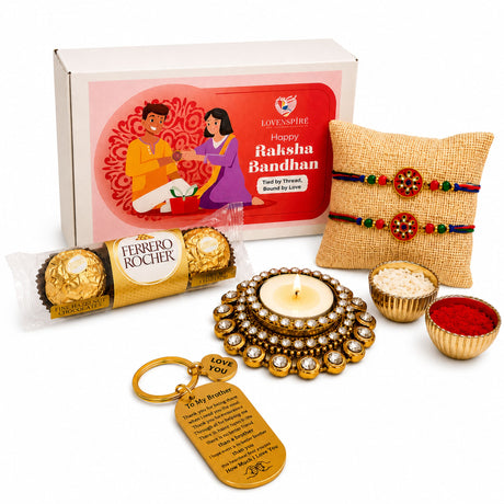 Gold-colored metal keychain with engraved to my brother message and small heart charm in designer rakhi gift hamper