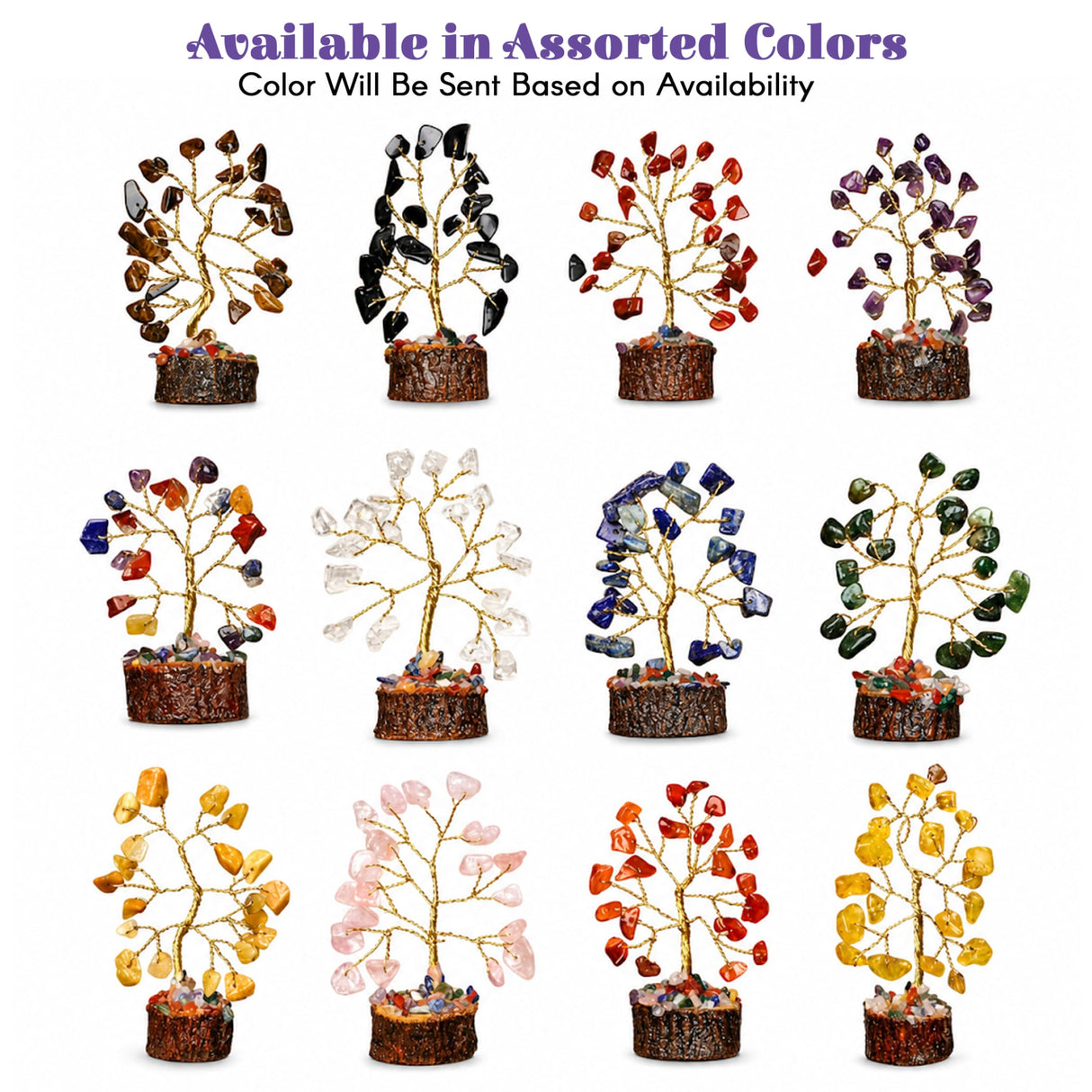 Assorted-color crystal tree figurines with gold wire branches and rustic wooden bases in designer rakhi gift hamper for brother and bhabhi