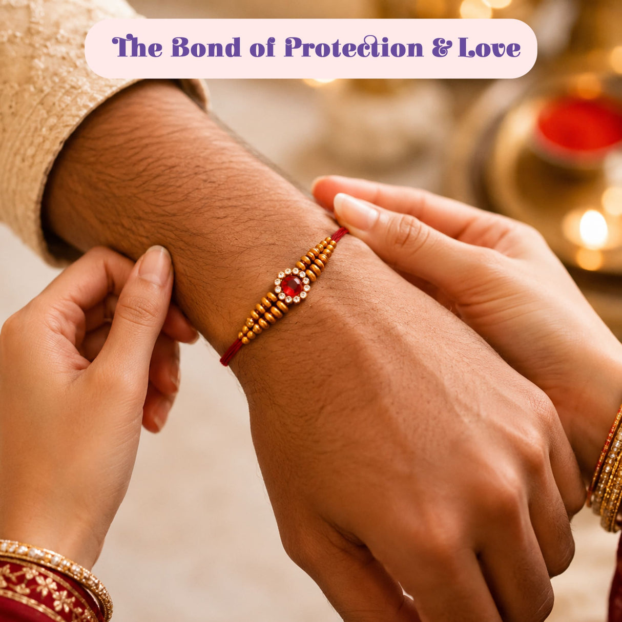A red thread rakhi with golden beads and a central red gemstone from the designer rakhi gift hamper for brother bhabhi