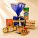 Blue and gold ornate designer rakhi gift box with sheer blue organza cover and golden ribbon for brother and bhabhi
