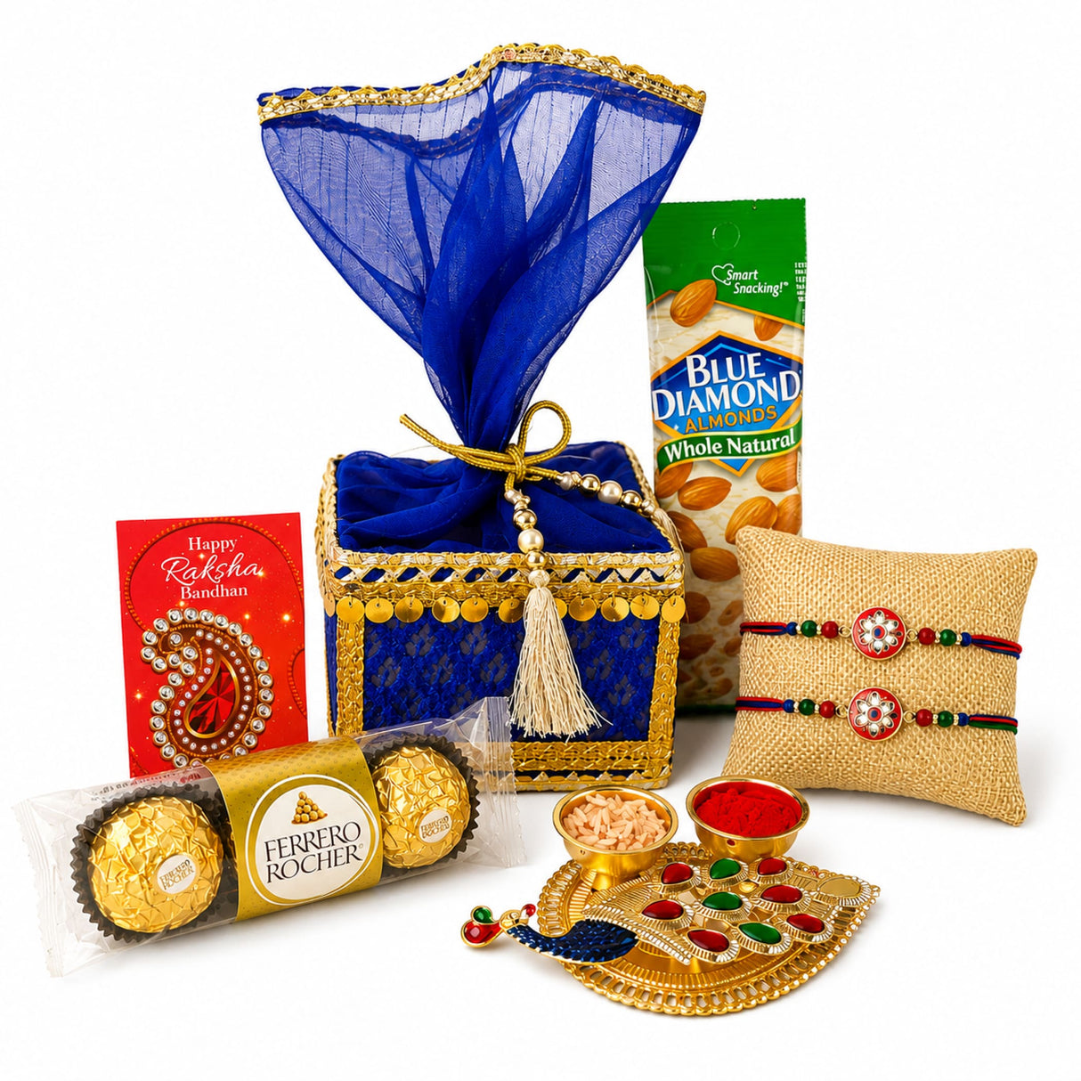 Blue velvet gift box with gold trim and tassel in designer rakhi gift hamper set for brother and bhabhi