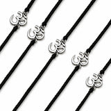 Silver om symbol charms on black cord bracelets bulk om rakhi for bhaiya and bhabhi traditional raksha bandhan jewelry