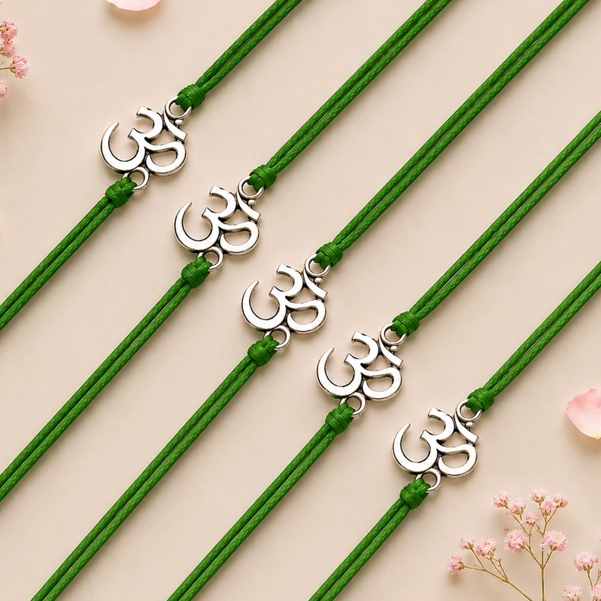 Green cord om rakhi bracelet with silver-colored om charm traditional raksha bandhan gift for brother and bhabhi protection
