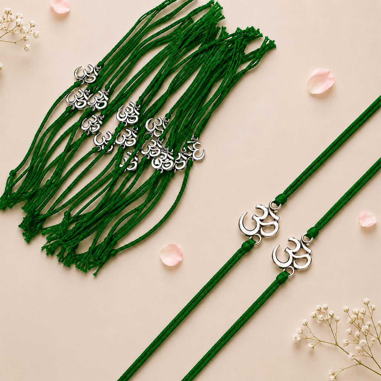 Green cord bracelets with silver om symbol charms bulk om rakhi for bhaiya and bhabhi traditional raksha bandhan gift