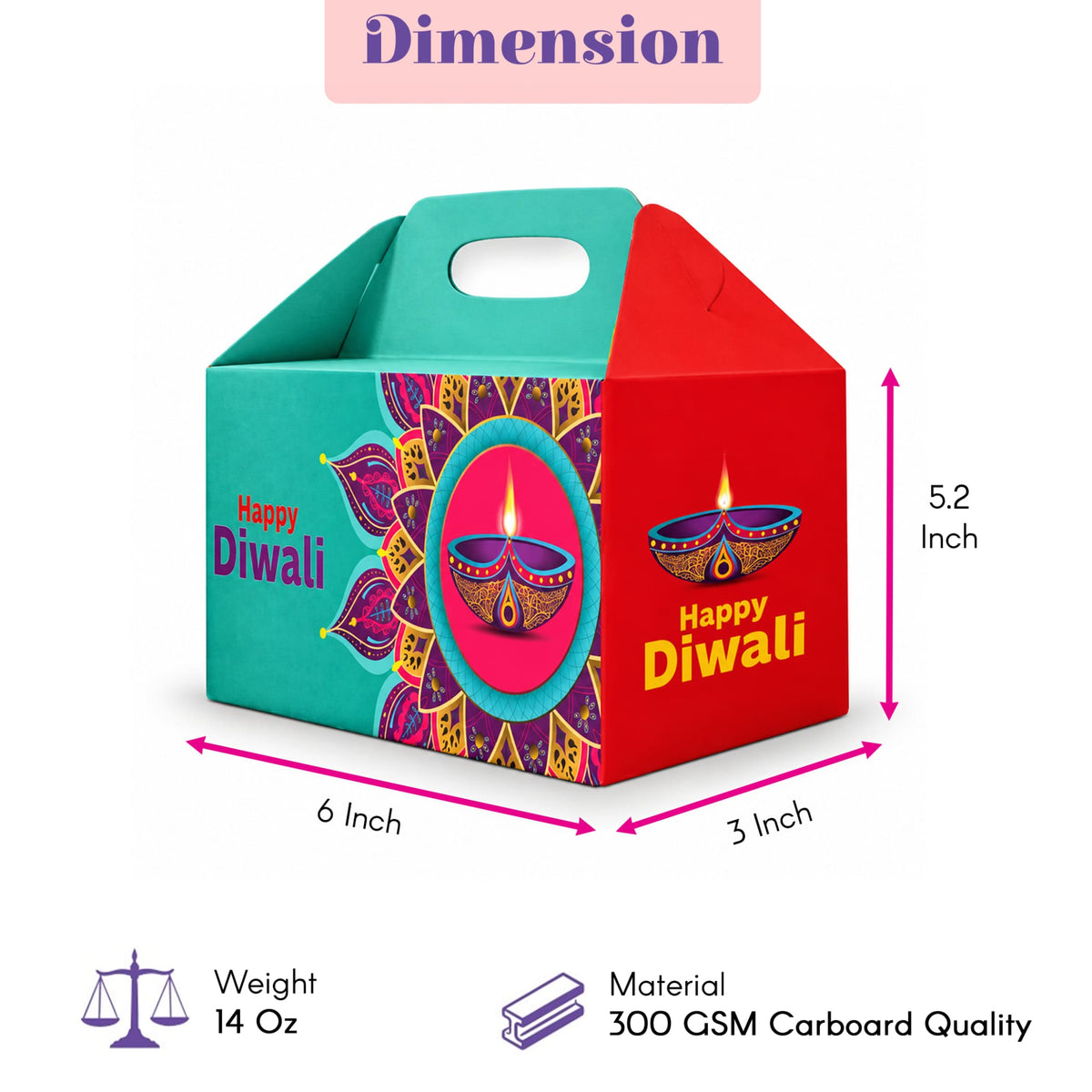 A vibrant red and teal diwali gable box with handle and mandala designs featuring happy diwali text in yellow