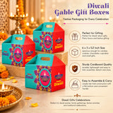 Bulk Diwali gable boxes in teal and red with gold happy Diwali text and purple mandala diya design for gift packaging