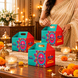 Teal and red bulk Diwali gable boxes with intricate purple mandala designs and happy Diwali text for festive gifting