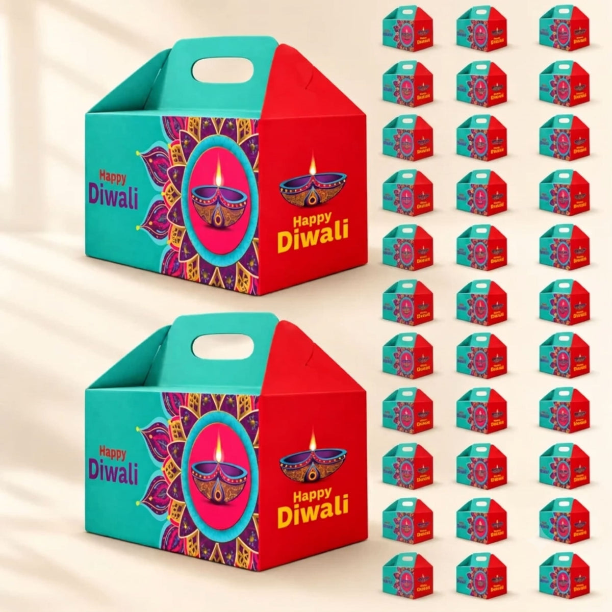 Happy Diwali printed gable gift boxes in red and teal cardboard with intricate purple gold pink mandala designs and lit oil lamps