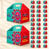 Happy Diwali printed gable gift boxes in red and teal cardboard with intricate purple gold pink mandala designs and lit oil lamps