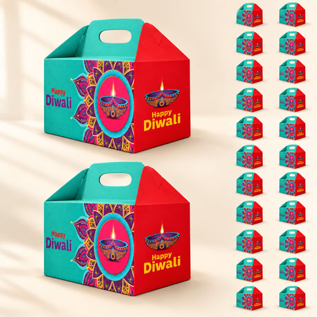Teal and red paper bulk diwali gable box with colorful mandala and ornate diya lantern for diwali gift packaging