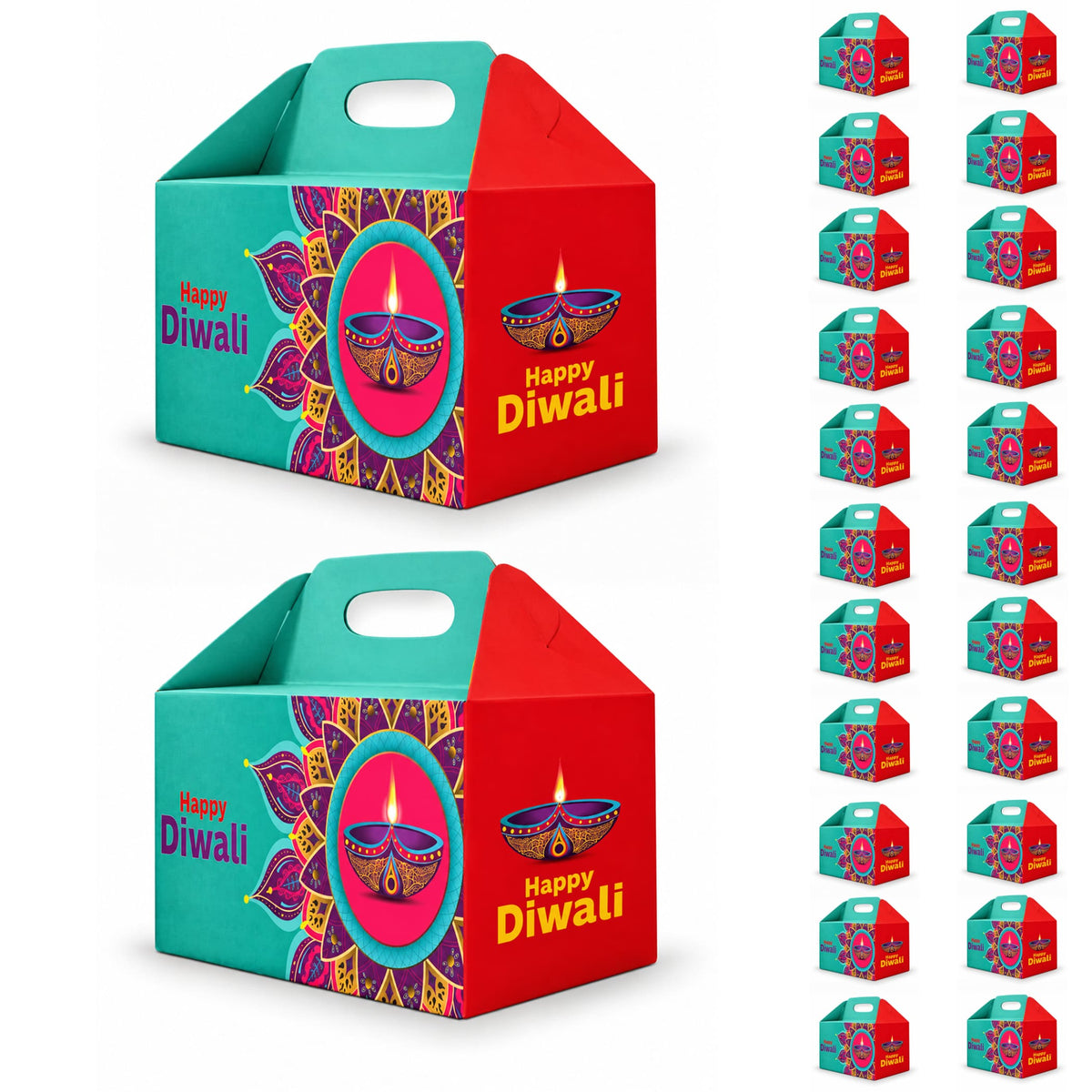Teal and red Diwali gable box with handle featuring purple and gold mandala designs and lit diya illustration for gifts