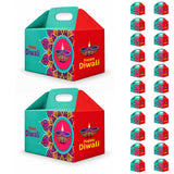 Teal and red Diwali gable box with handle featuring purple and gold mandala designs and lit diya illustration for gifts