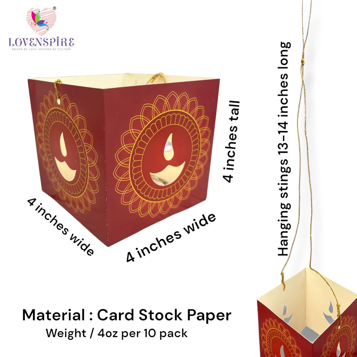 Red card stock paper hanging lantern with gold accents for Diwali decoration