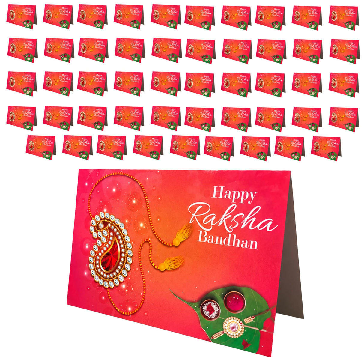 Red happy raksha bandhan greeting card with decorative paisley rakhi and green leaf for sibling bond protection and luck