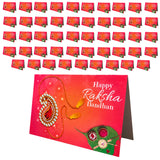 Red happy raksha bandhan greeting card with decorative paisley rakhi and green leaf for sibling bond protection and luck