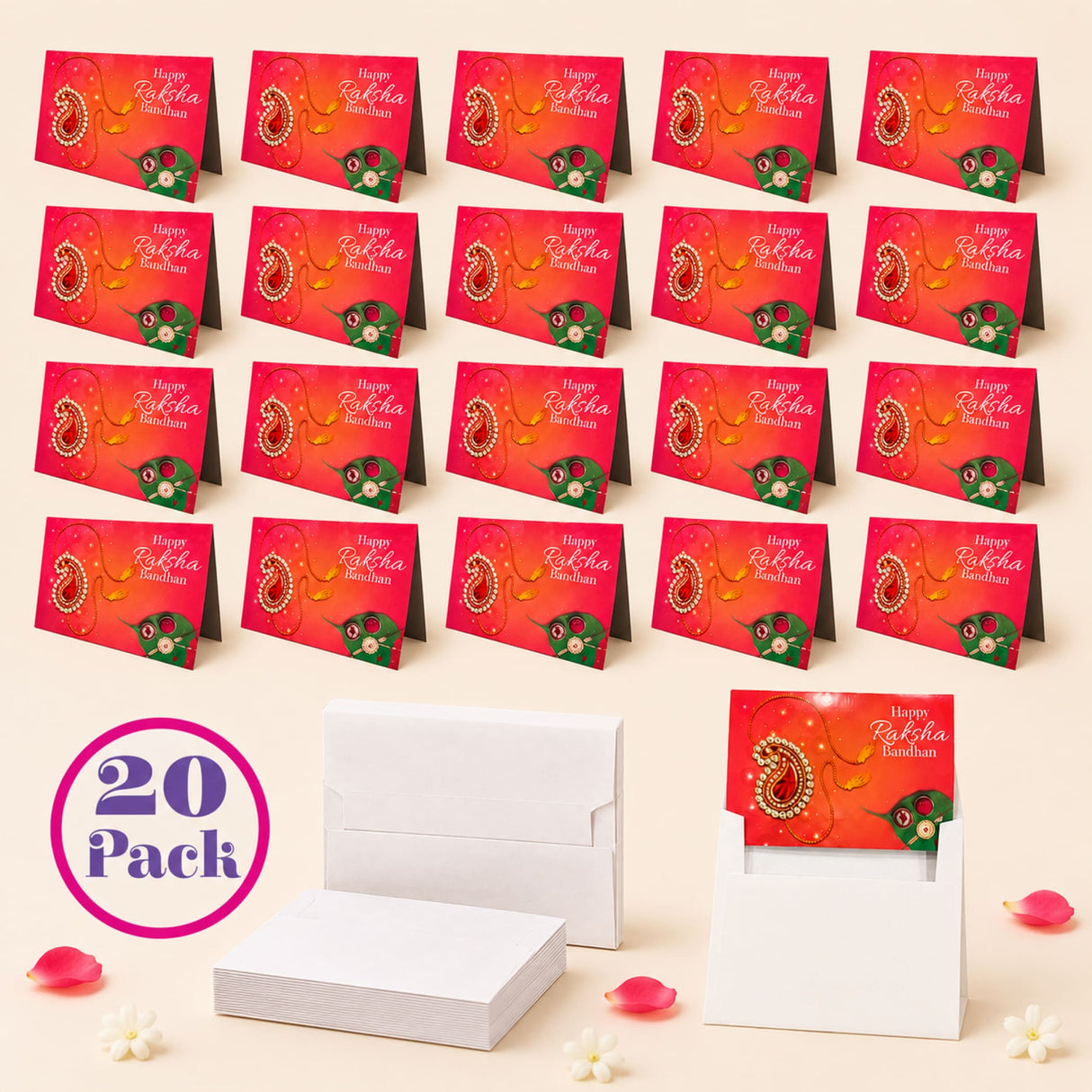Red happy raksha bandhan greeting cards with gold and green paisley designs 20-pack traditional sibling gift set