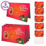 Red happy raksha bandhan greeting cards with gold silver paisley embellishments green leaf designs and gemstones