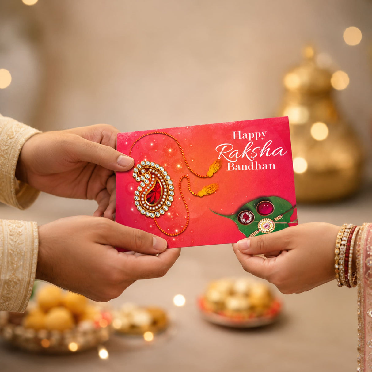 A vibrant red raksha bandhan greeting card with gold silver paisley design for brother sister sibling bond gift