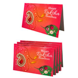 Red happy raksha bandhan greeting cards with gold silver paisley design red gemstones and green leaf motifs for siblings