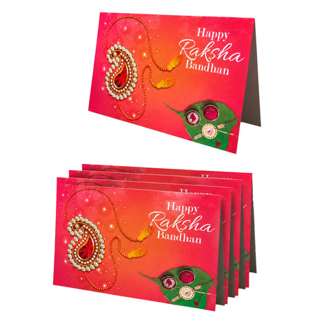Red happy raksha bandhan greeting cards with gold silver paisley design red gemstones and green leaf motifs for siblings