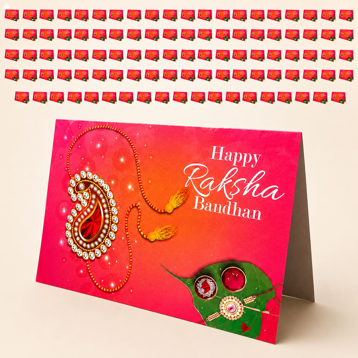 Vibrant pink bulk rakhi greeting card set with paisley design gold tassels and green leaf gemstone for sibling bond protection