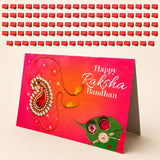 Vibrant pink bulk rakhi greeting card set with paisley design gold tassels and green leaf gemstone for sibling bond protection