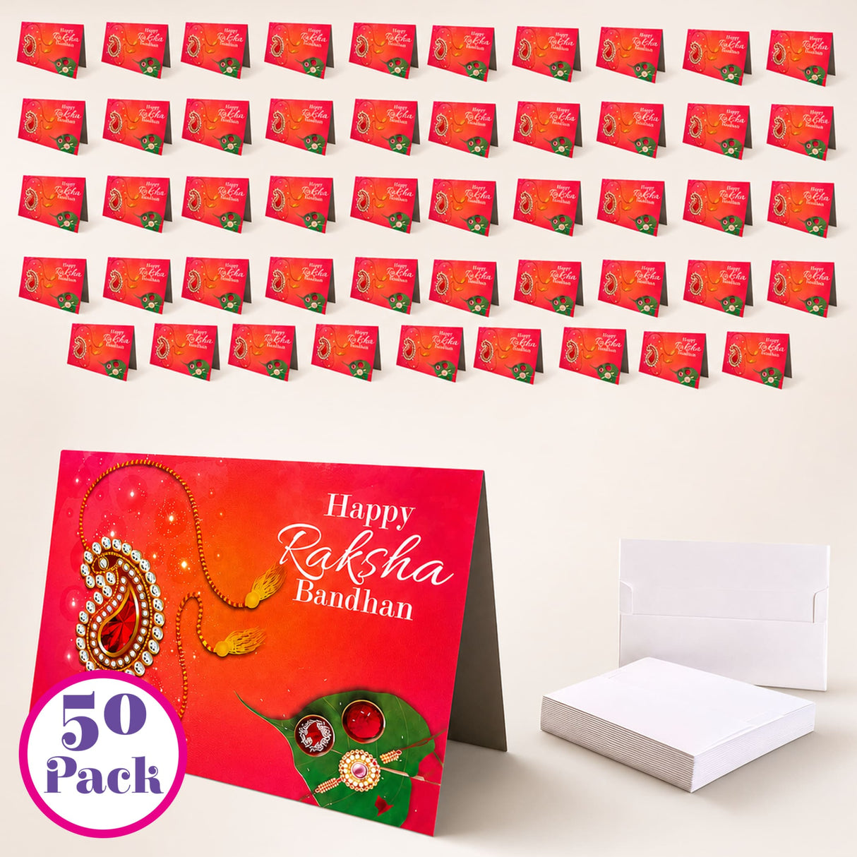 Bulk rakhi greeting card set featuring red and green cards with gold foil paisley necklace design for sibling bond protection