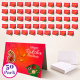 Bulk rakhi greeting card set featuring red and green cards with gold foil paisley necklace design for sibling bond protection