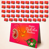 Bulk rakhi greeting card set featuring a vibrant pink and orange paisley pendant with red gemstones for sibling bond