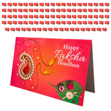 Red happy raksha bandhan greeting card with gold red paisley necklace and green leaf rakhi for sibling bond gift set