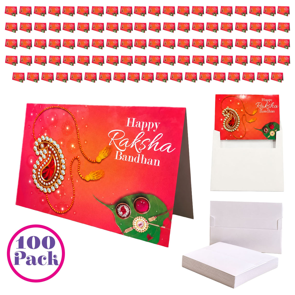 Red happy raksha bandhan greeting card with decorative paisley red and gold embellishments for sibling bond celebration