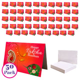Red happy raksha bandhan greeting card with gold paisley design and traditional rakhi for sibling protection and good luck