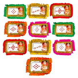 Colorful fabric-fringed photo frames with gold trim featuring printed images of a woman in traditional attire for decorative use